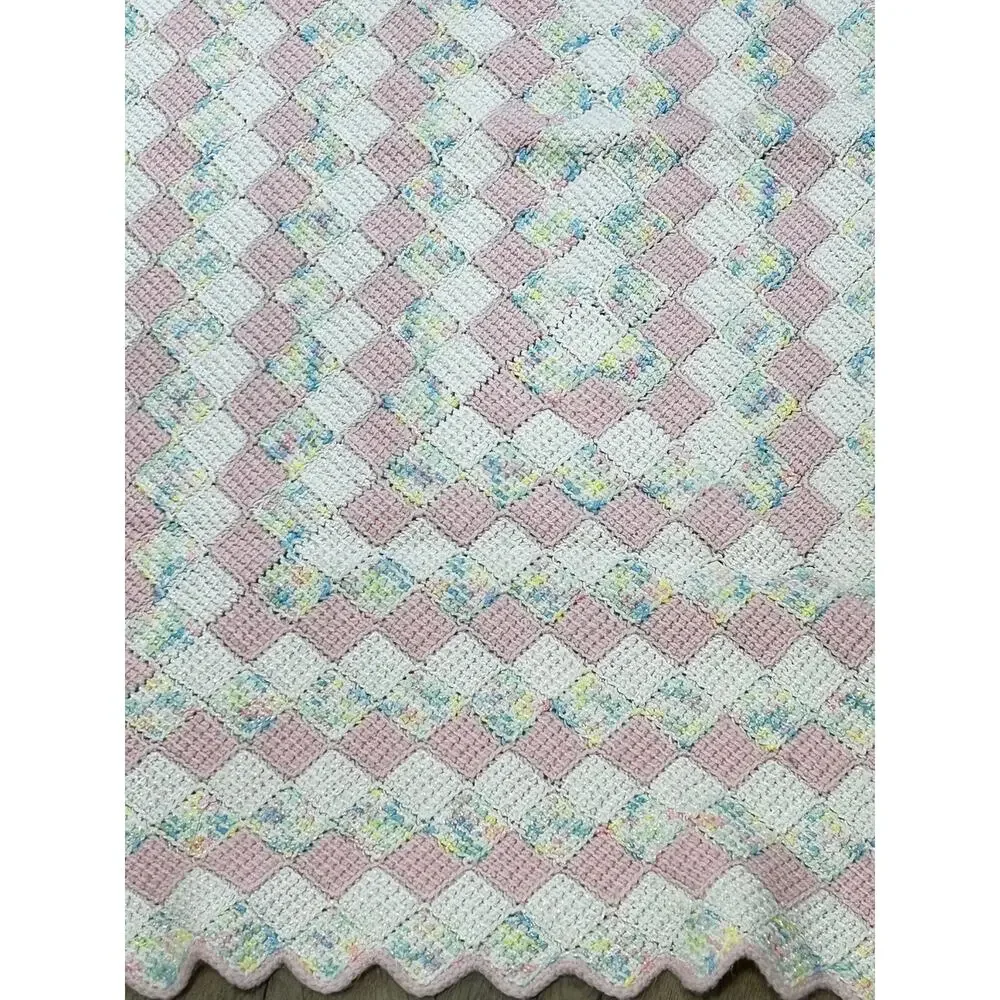 Handmade Crochet Baby Blanket Pink White Pastel Basketweave Vintage Style
